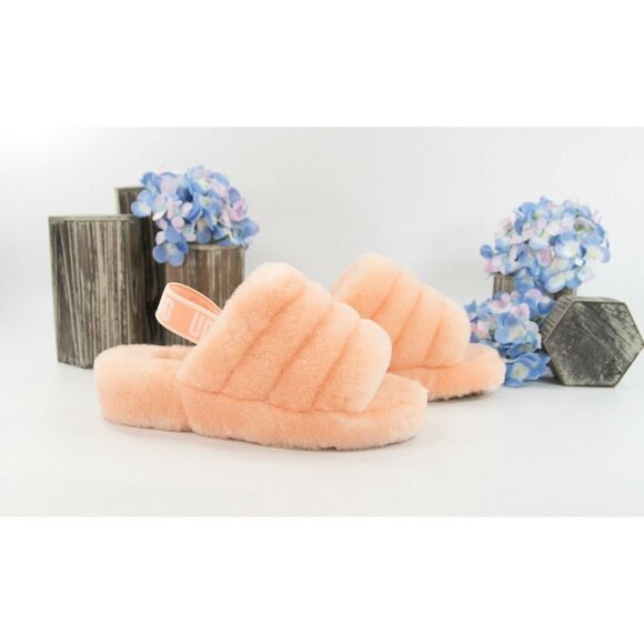UGG Fluff Oh Yea Peach Sheepskin Fur Slippers Slides Sandals Size 8 NIB - Picture 3 of 9
